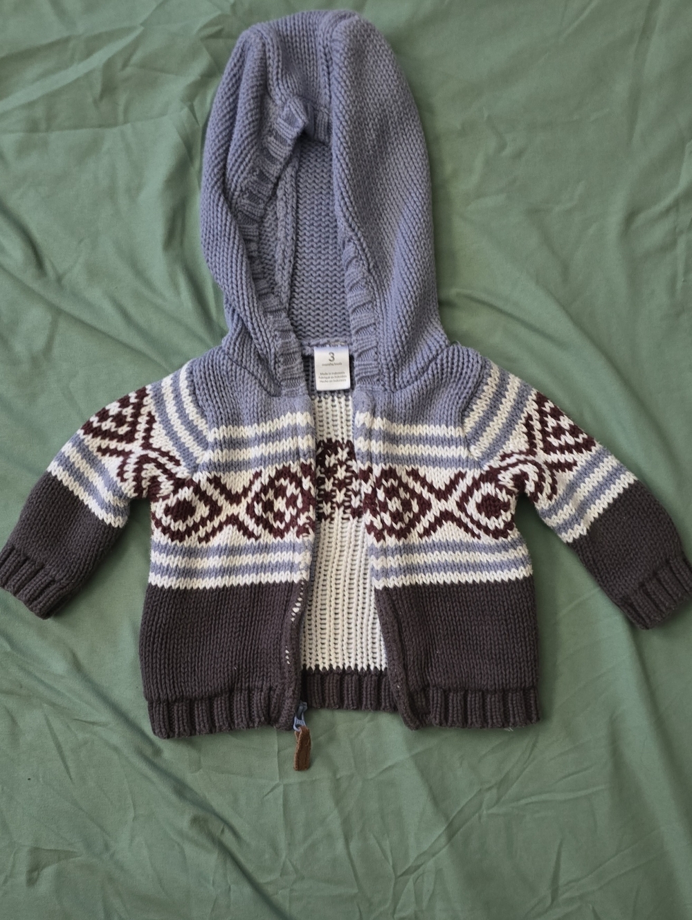 Kids Hooded Knit Zip Sweater - Gray, Blue & Cream